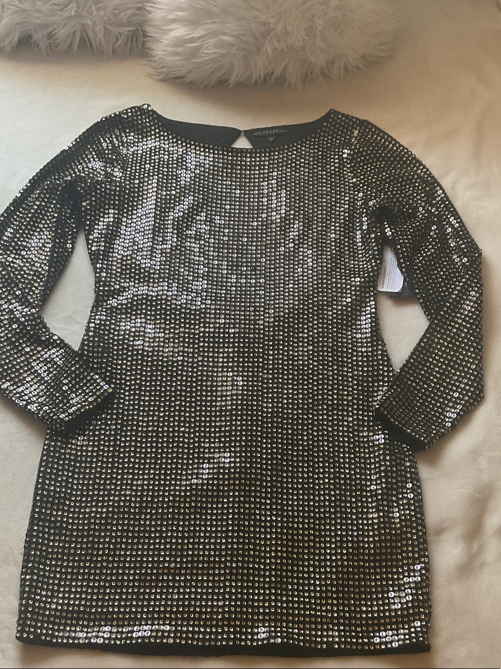 Guess Girls' Sequin Long-Sleeve Dress in Metallic Silver-Black